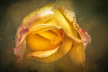 Beautiful yellow rose flower close-up portrait with dew drop water droplet texture