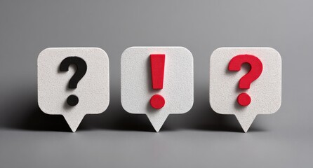 Three speech bubbles, white and gray background, questions and exclamation