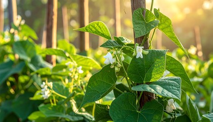 Obraz premium Bean plants in bloom, morning sun