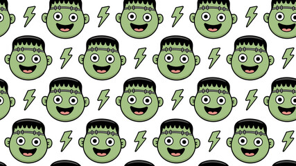 Obraz premium Cartoon Frankenstein faces with lightning on a seamless Halloween-themed pattern 