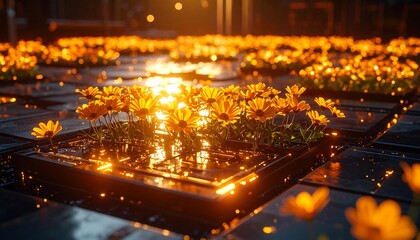 Yellow Flowers Blooming Under Bright Sunlight in a Geometric Setting