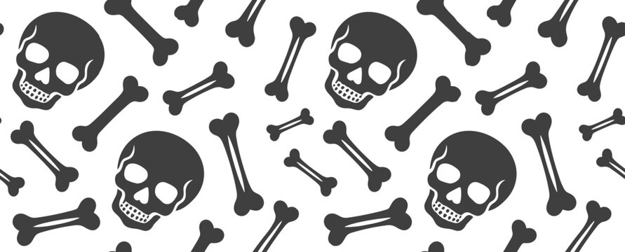 Halloween-themed seamless pattern with skulls and bones on white background  