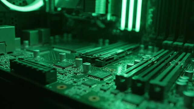 Detailed close up view of a high performance computer motherboard with its complex circuits and components illuminated by a vibrant green RGB LED light creating a futuristic high tech atmosphere.
