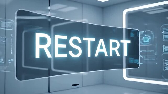 The word 'RESTART' A glowing holographic interface in a futuristic control room initiating a system reboot for a fresh start and new beginning