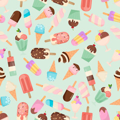 Colorful Seamless Ice Cream Pattern with Cones and Popsicles