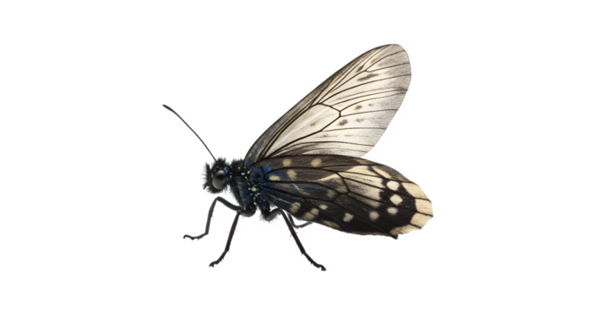 Monochrome butterfly features fine detail on transparent wings for nature documentaries, books, posters.