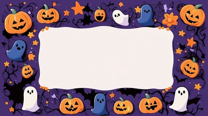 Cute Cartoon Halloween Blank Card on Purple Background with Pumpkins, Ghosts, and Blue Border, Empty Space for Text, Ideal for Invitation, Poster, and Social Media