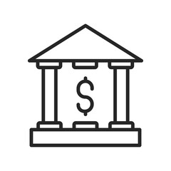 Clean vector line icon of a bank building with dollar sign, ideal for concepts like finance, banking, savings, or digital financial platforms