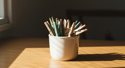 Golden Sunlight Casts a Long Shadow from a Ceramic Pot of Clothespins.