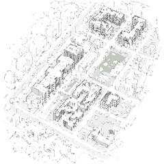 Obraz premium An intricate architectural sketch illustrating a modern urban residential development, featuring integrated green spaces and contemporary city planning principles.