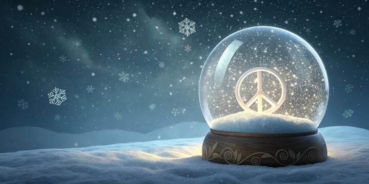 Snow globe featuring a glowing peace symbol surrounded by falling snowflakes in a serene winter scene