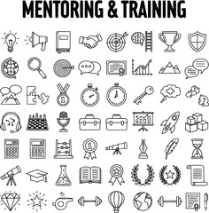Mentoring and Training Vector Line Icons Set. Outline Symbols for Education, Business Development, Learning, Achievement, Strategy, and Success Concepts.