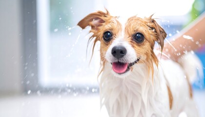 Happy small dog gets bathed; smiling with wet fur, water splashes around