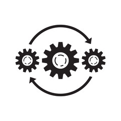 Gears wheel with arrows - concept black icon vector design. SEO creative logo sign. Exchange interaction symbol.