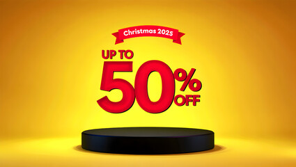 3D render of discount symbol and happy new year sign with red spheres