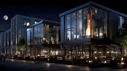 A sleek modern building showcases glass walls and contemporary style, while a brightly lit pyramid-shaped structure stands nearby at night