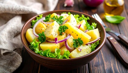 Golden potato salad with red onion rings and lettuce in a brown bowl on wood planks