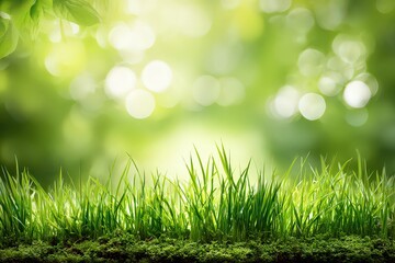 Fototapeta premium Bright Green Grass in Sunlight Blurred Forest Background