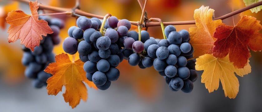 Ripe blue grapes cluster gracefully among vibrant autumn leaves during a calm afternoon