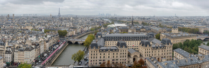 Paris, France - 09 24 2025: Panoramic view of the West of Paris with Sainte-Chapelle, Le Louvre...