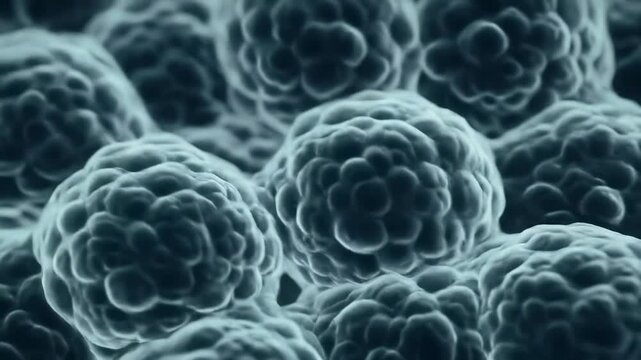 Detailed 3D animation of a colony of cancer cells or a virus cluster under a scanning electron microscope for scientific research and medical visualization.