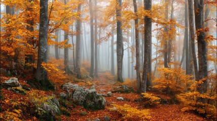 Autumn forest pathway with vibrant foliage. Artificial intelligence image