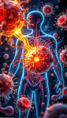 Fototapeta premium a detailed medical illustration of free radicals damaging human cells through oxidative stress, realistic scientific style, clear anatomy, glowing reactive molecules attacking cell membranes.