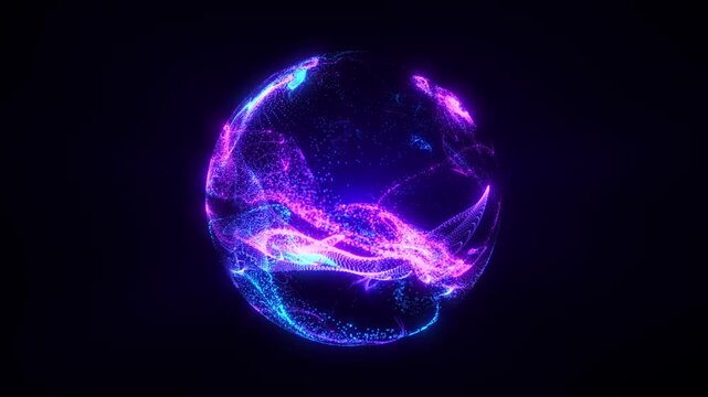 abstract glowing sphere composed of blue particles, dots, and waves of blue light, a digital technology background. An energetic and futuristic sphere with beams of light. Seamless loop 4K video