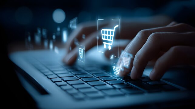 Hands typing on laptop keyboard with floating holographic shopping cart icons representing digital commerce, online purchases, and e-commerce technology