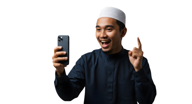 Asian muslim man in navy clothing holds phone, raises finger on black. Useful for religious concepts, marketing or lifestyle imagery. - Powered by Adobe