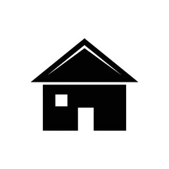 Simple black silhouette of a house, showing a roof, walls, and a door.