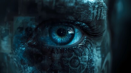 Hyper-realistic close-up of a faintly glowing blue eye, reflections of distorted faces, old photographs, and cryptic writings embedded in the glassy surface, unsettling psychological vibe, dark cinema