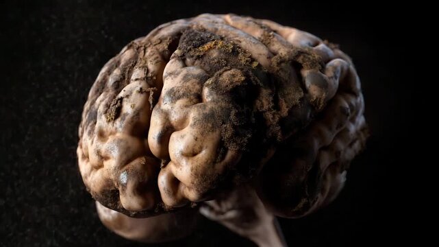 A brain with a lot of dirt on it. The dirt is on the top of the brain. Closeup of a human rotten brain with mold and dark rot textures, decayed surface like rotting fruit, dramatic dark lighting