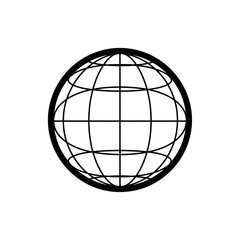 A simple black and white line art icon of a globe with latitude and longitude lines.