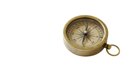 Bronze compass points south on solid black, ideal for adventure branding, travel themes, or product photography.