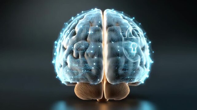 A brain with a lock on it. The lock is blue and the brain is white. Closeup AI brain with glowing shield and padlock overlay, policy conceptual clean