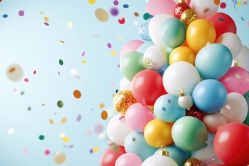Vibrant balloon celebration with glittering confetti on a soft blue background