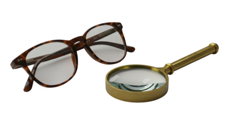 Brown glasses, gold magnifying glass shine with texture against a black background, ideal for product display, education, or social media post.