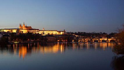 Prague night panorama cityscape with Charles Bridge and Prague Castle, Czechia