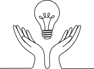 Continuous Line Art of Hands Holding a Light Bulb, Symbolizing Ideas and Innovation