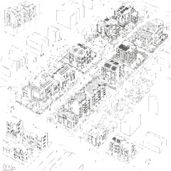 Fototapeta premium Isometric architectural drawing of a modern, sustainable urban residential complex, showcasing buildings with rooftop solar panels and green spaces.
