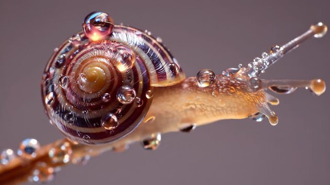 A poetic macro of a snail crawling through shimmering dewdrops, its shell gleaming like a jewel in a delicate, enchanting world.