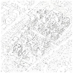 Obraz premium An isometric sketch depicts a modern urban landscape, showcasing buildings and structures within a detailed city plan, viewed from above.