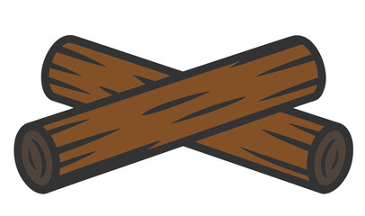 Illustration of two crossed logs isolated on white background, perfect for camping, lumberjack themes, or rustic designs, showcasing natural wood texture and simple graphic style