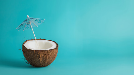 A tropical, summer-inspired composition features a half coconut shell filled with white flesh and a blue-and-white paper umbrella, creating a clean, vibrant aesthetic.