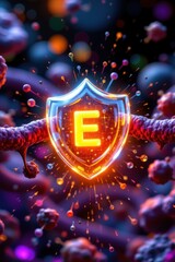 Fototapeta premium a glowing molecular shield of vitamin e donates an electron to neutralize a lipid radical, halting destructive chain reactions inside a vivid biological membrane with radiant colors