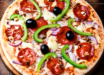 Pizza with chorizo ​​sausage, mozzarella cheese, green pepper and black olives. Rustic wooden background. Soft focus.	