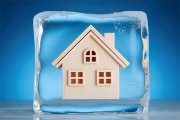 house model frozen in ice block. Real estate market slow down