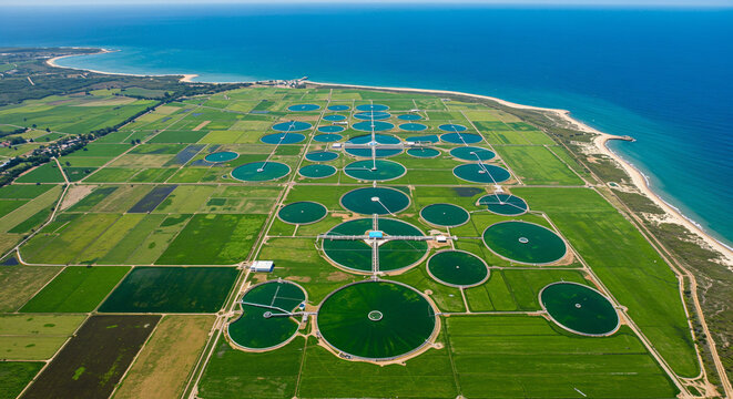 Aerial view of circular irrigation systems in a green agricultural field near the coast, with ocean in the background.