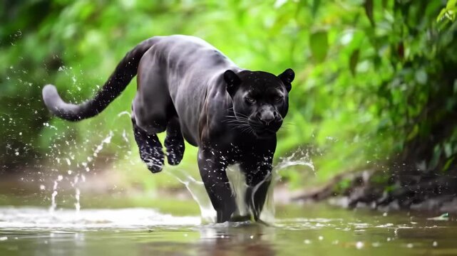 Majestic Black Panther Running Through a Jungle River.